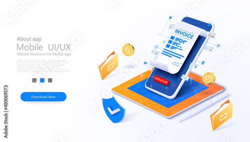 Electronic invoice sent via an online mobile application. Money transactions, electronic account, cash transaction, online payment, data protection. E-invoicing, business financial software. Vector