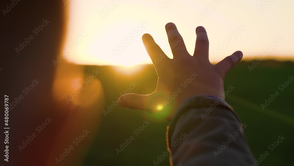 The child dreamily stretches out his hand to the sun, the sun's rays shine through his fingers. The hand of a happy boy reaches for the sun. Child's hand, dreams of the sun. Happy family concept