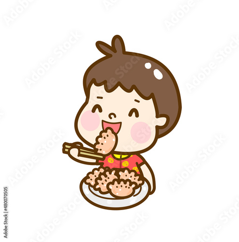 Cute kids eat pork wonton in Chinese new year.