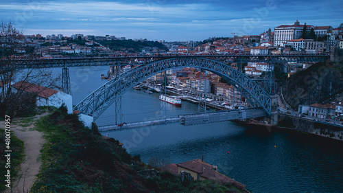 Luis I Bridge over the Douro River at dusk, Porto, Portugal.