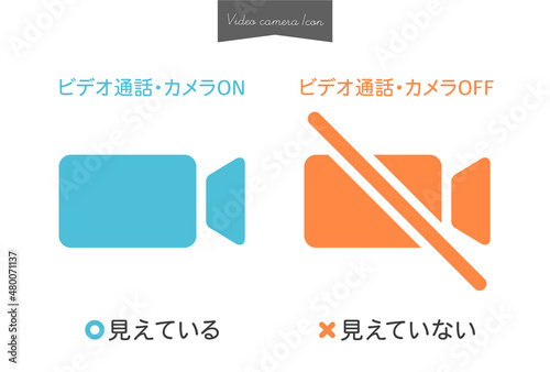 文字説明付き ビデオ通話中のカメラON・カメラOFFのアイコンのセット - 見えている・見えていない
