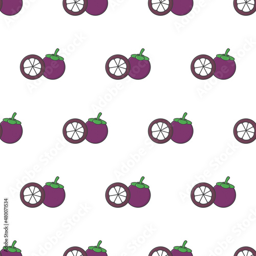 Mangosteen Slice Seamless Pattern On A White Background. Mangosteen Theme Vector Illustration