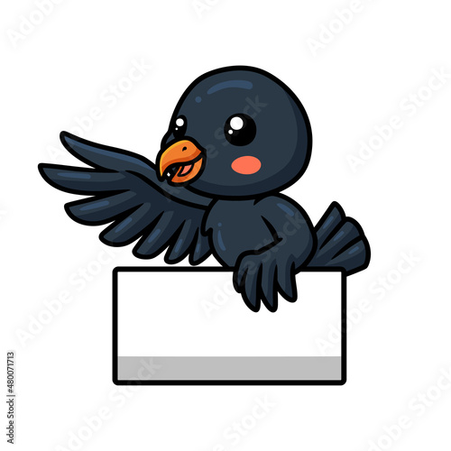 Cute little crow cartoon with blank sign photo