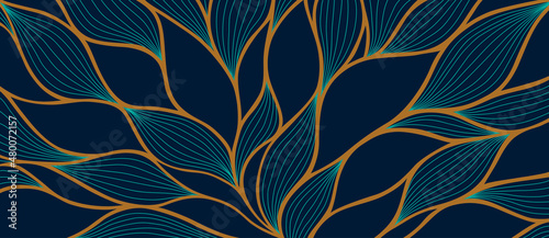Luxury floral pattern with hand drawn leaves. Elegant astract background in minimalistic linear style.