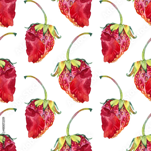 Seamless pattern watercolor strawberry with green leaves isolated on white background. Hand-drawn sweet summer bitten off berry food for kitchen. Red fruit dessert for menu cafe. Art for cookbook