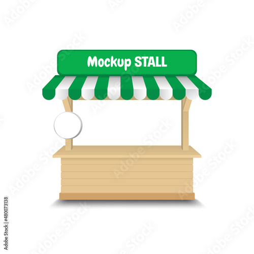 Realistic vector illustration of empty market stall with green and white striped marquee isolated on white background. Wooden counter mockup with canopy and neon sign.
