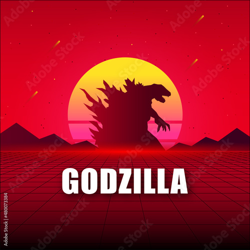 Tableau sur toile vector illustration of godzilla with sunset