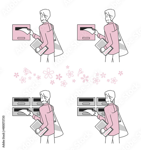 ポスティングをするシニア男性　春
