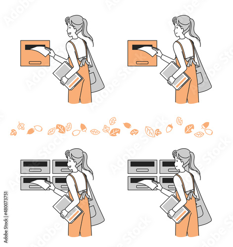 ポスティングをする若い女性　秋