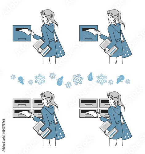 ポスティングをする若い女性　冬