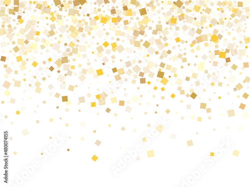 Modern gold confetti sequins sparkles falling on white. VIP Christmas vector sequins background. Gold foil confetti party elements space. Light dust particles party background.