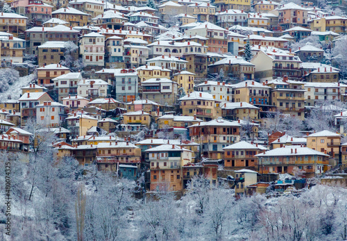 metsovo city snow and ice in winter season, greek winter tourist resort in ioannina perfecture