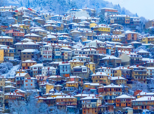 metsovo city snow in winter season greek tourist resort in ioannina perfecture greece 