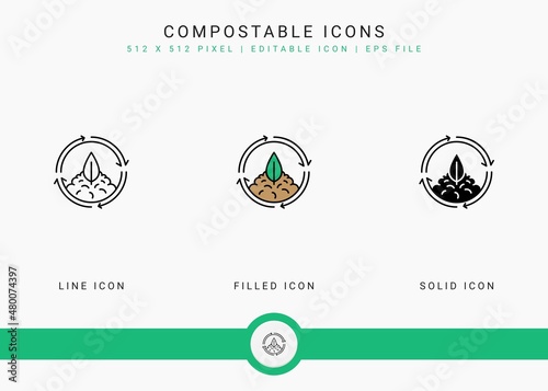 Compostable icons set vector illustration with solid icon line style. Bio degradable concept. Editable stroke icon on isolated background for web design, user interface, and mobile app photo