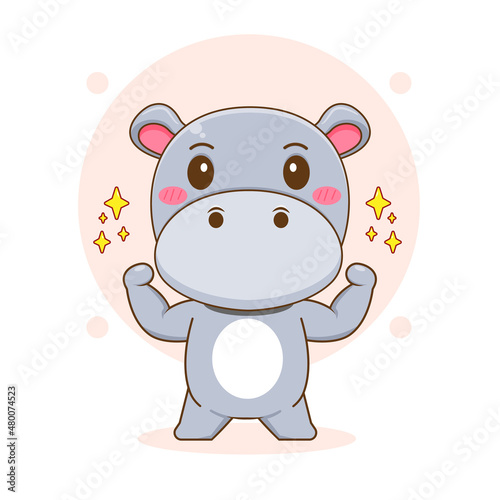 Fototapeta Naklejka Na Ścianę i Meble -  Cute strong Hippo cartoon character