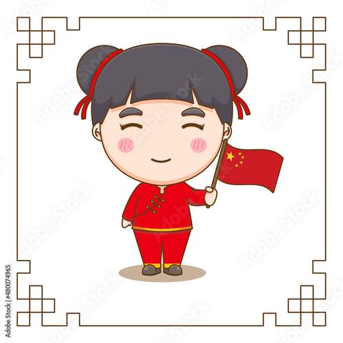 Cute Chinese girl cartoon character holding flag 