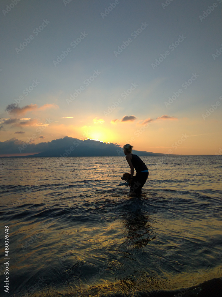 A woman playing with the dogs at the beach. A woman playing with the dogs at the beach.