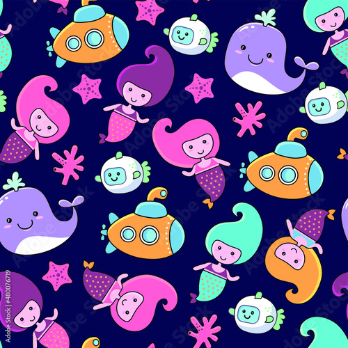 underwater kawaii vector seamless pattern with cute mermaid