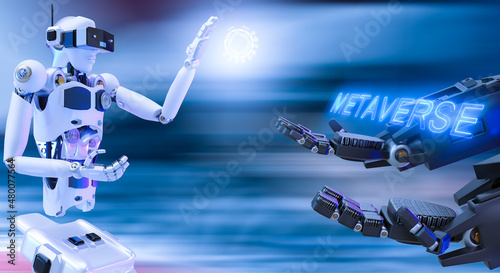 Robot metaverse VR avatar reality game virtual reality of people blockchain technology investment, business lifestyle virtual reality vr world connection cyber avatar metaverse people 2022 3D RENDER © OATZ TO GO FACTORY