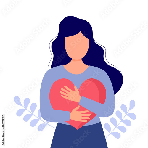 Young woman hugging red heart in flat design on white background. Self love. 