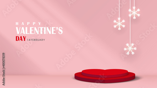 Happy valentine's day. Red stage podium heart shape for product display. Window shadow, sunlight, snowflake hanging in Pink room at clean. Abstract scene vector illustration of love.