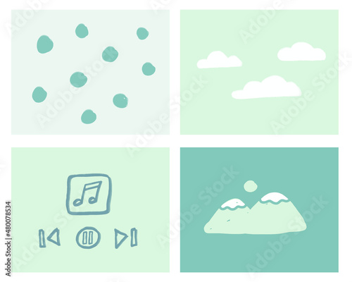 a hand drawn collage of abstract drawing. simple illustrations of miscellaneous objects. cute illustration in a pastel color for background, greeting card, kids invitation, etc.