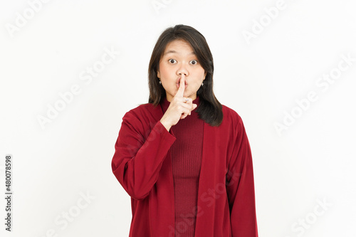 Shh Be Quiet Of Beautiful Asian Woman Wearing Red Shirt Isolated On White Background