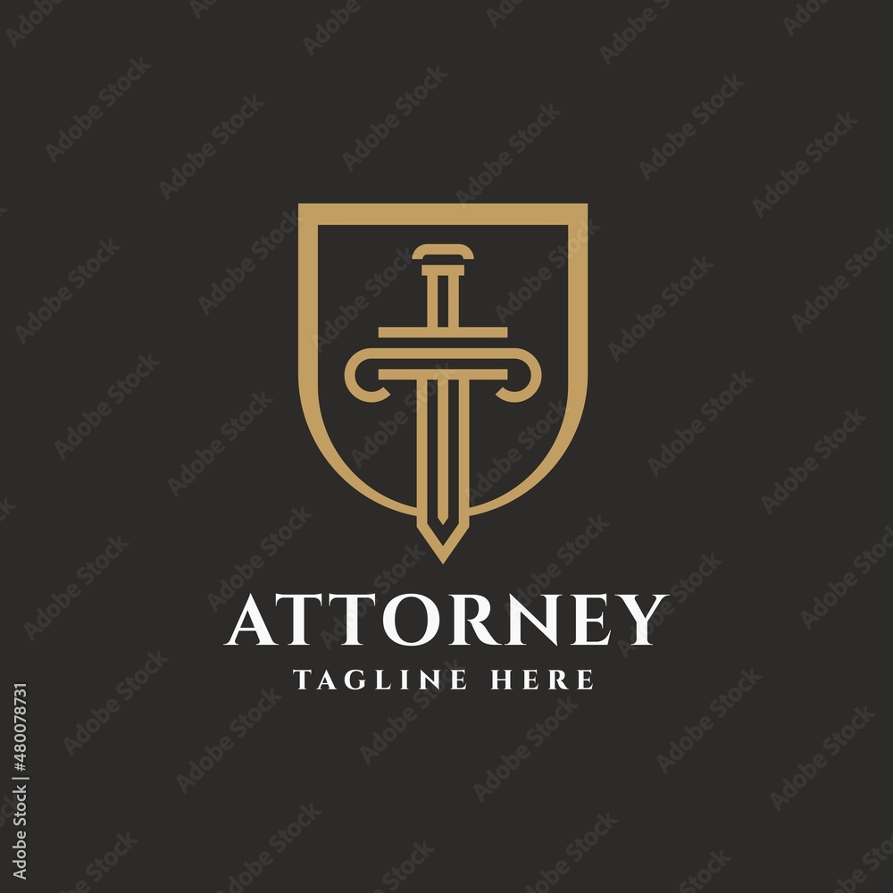 Fototapeta premium Combination of Golden Sword with Shield and Pillar for, Attorney Lawyer Justice Law Firm Court Advisor logo design concept