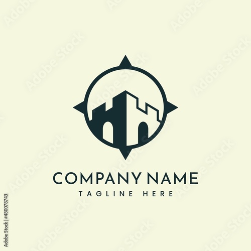 Fort Castle Tower Building Architecture and Compass logo design vector