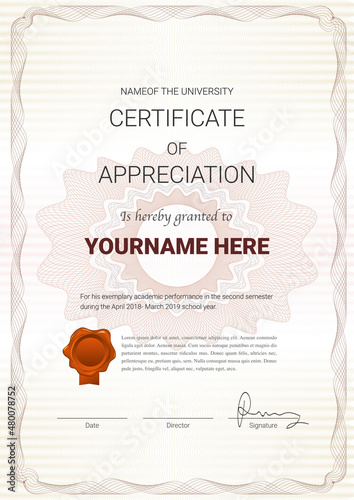 Certificate or diploma template with guilloche style in vector illustration.