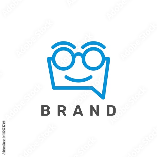 Friendly People Person Character logo design concept, Smile Smiling Face Expression with Chat Talk Bubble Message Symbol and Glasses logo design vector 