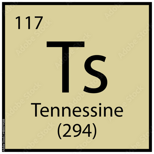 Tennessine chemical element. Science concept. Mendeleev table symbol. Green background. Vector illustration. Stock image.