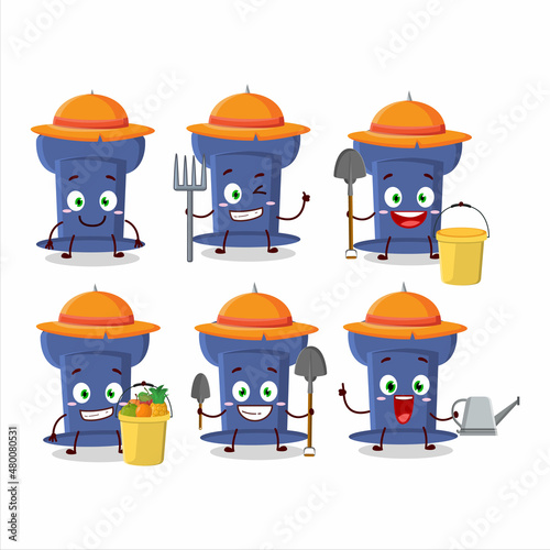 Farmer blue push pin cute mascot character with fork