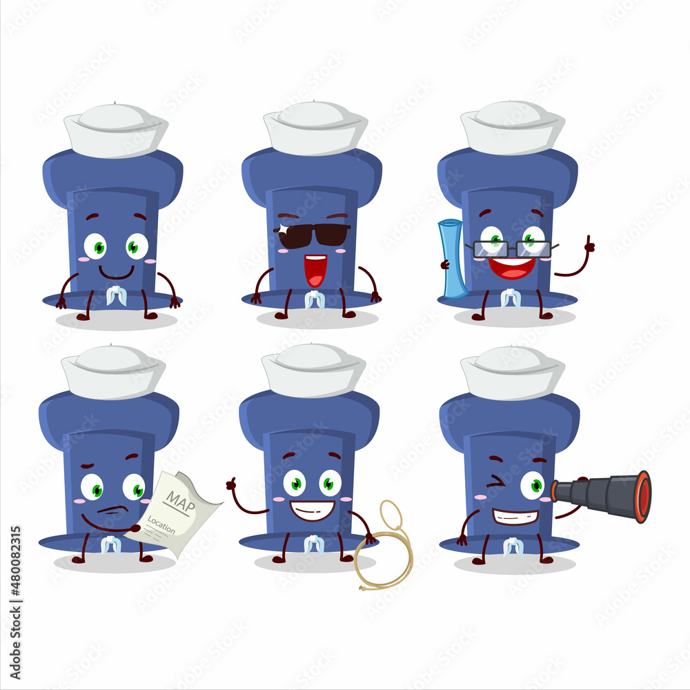 A character image design of blue push pin as a ship captain with binocular A character image design of blue push pin as a ship captain with binocular