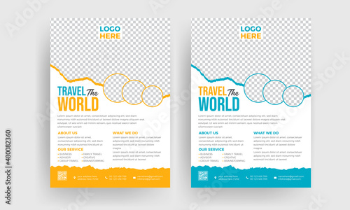Template design for a modern travel flyer with venue and contact details. Promotional design for summer travel agencies.