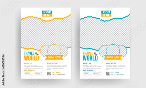 Template design for a travel flyer with venue and contact details. Promotional design for summer travel agencies.