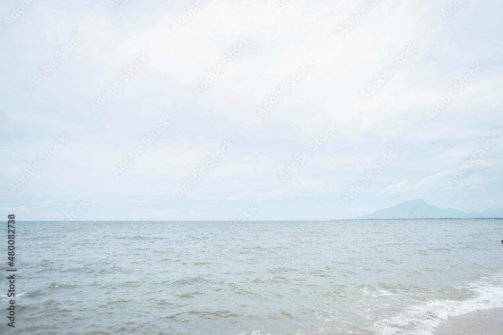 sea scape with sea wave, cloudy sky, mangrove forest and sandy beach when summer time. the photo perfect for holidays background, nature pamphlet and advertising brochure. 