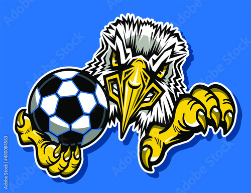 eagle mascot holding a soccer ball for school, college or league