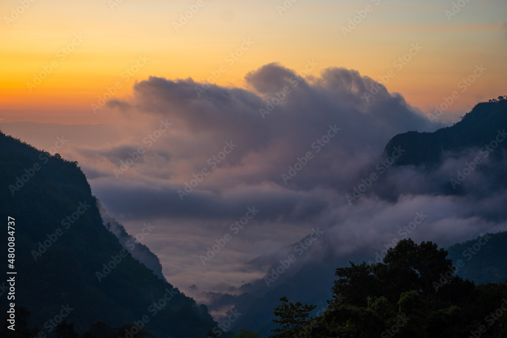 beautiful view of sunrise and fog at Phahee Village-Chiang Rai