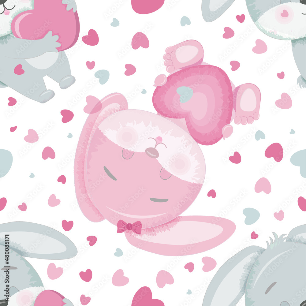 Seamless pattern with little bunnies with hearts.