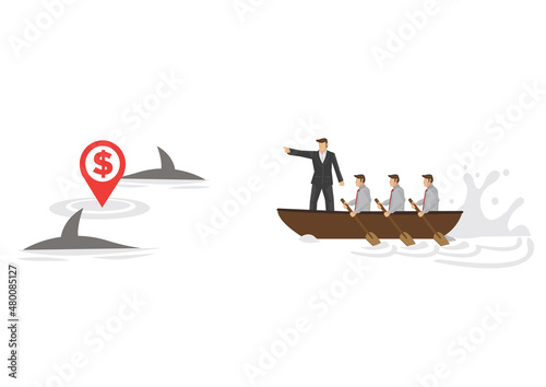 Businessman with his team searching for money location even with lots of shark surround.