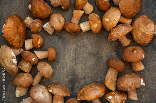 Porcini mushrooms lying on a dark wooden background with an empty spot in the center. Place for text