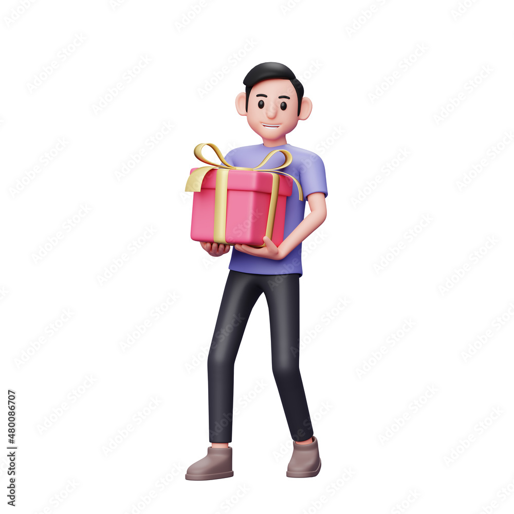 3d Character illustration casual man carrying big valentine gift with both hands 3d Character illustration casual man carrying big valentine gift with both hands