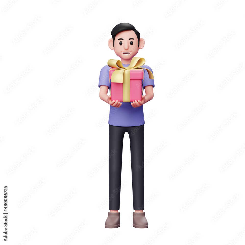 3d Character illustration casual man gives a valentine gift to the camera