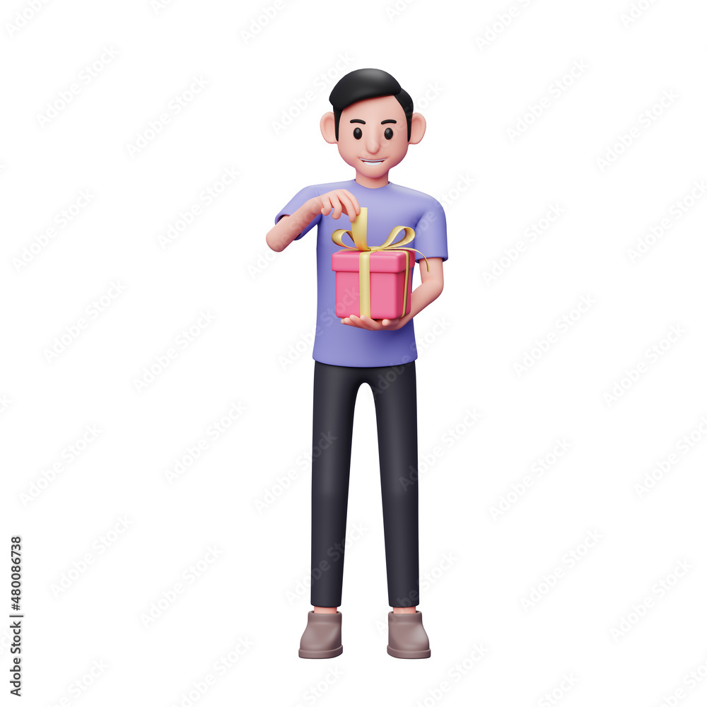 Casual male 3d character illustration pulling ribbon opening valentine gift, 3d valentine's day concept