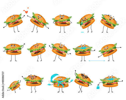 Cute hamburger character with happy or sad emotions, panic, loving or brave face, hands and legs. Cheerful fast food person, sandwich with expression, mask, glasses or hat. Vector flat illustration