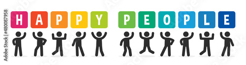 Group of young people holding Happy People text sign banner. Vector illustration