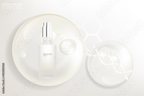 Beauty product ad design, a white cosmetic container with collagen solution advertising background ready to use, luxury skincare banner, illustration vector.