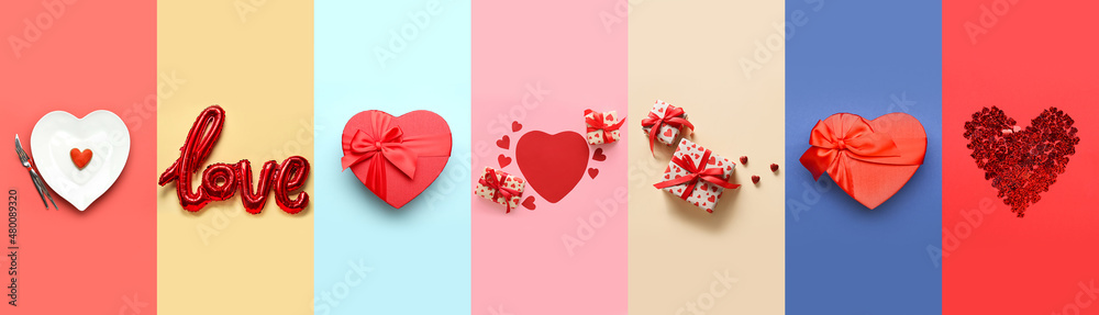 Festive collage for Valentine's Day celebration on color background - obrazy, fototapety, plakaty 