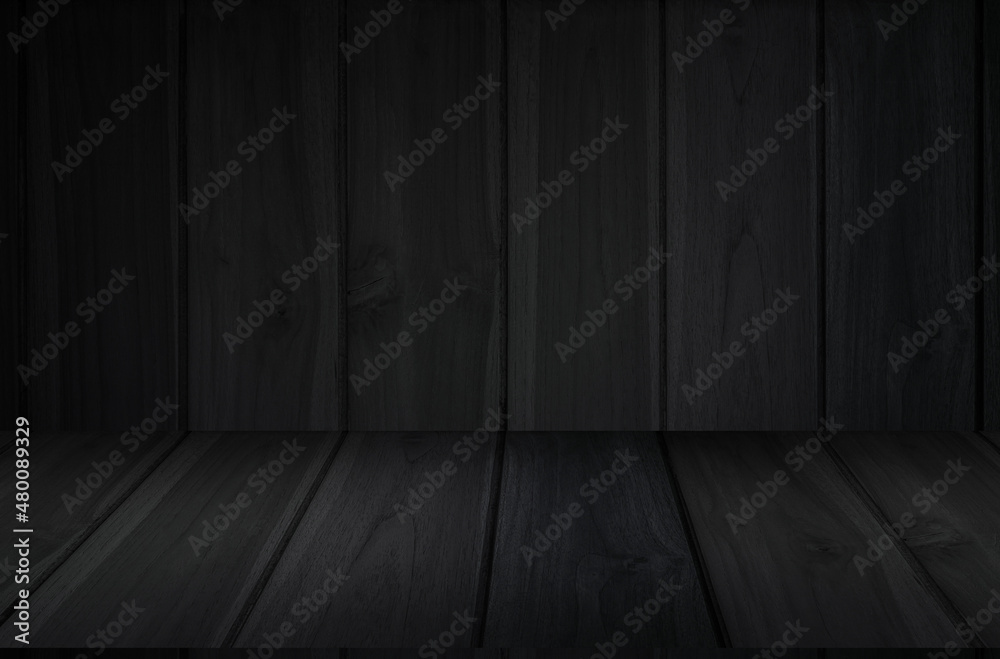 Dark wood hardwood wall as background, old floor black wooden texture perspective interior kitchen. Empty dark wooden table and board for product decoration display. Dark wood hardwood wall as background, old floor black wooden texture perspective interior kitchen. Empty dark wooden table and board for product decoration display.